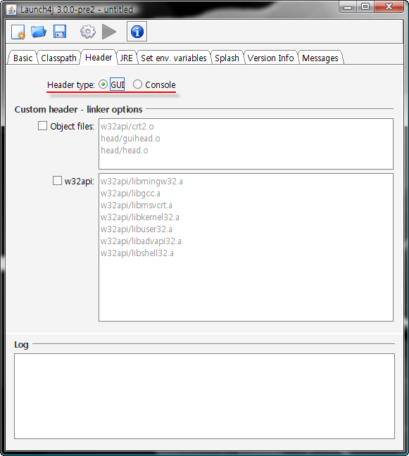 launch4j Header 설정 화면