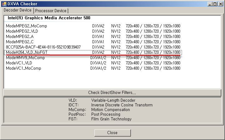 DXVA Checker로 GMA500 DXVA 가속 확인